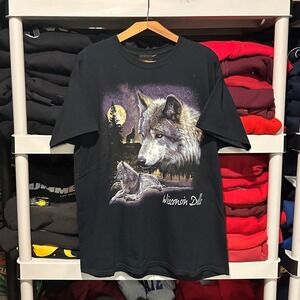 Vintage 90s Wolf Nature Animal Wisconsin Dells Black Mens XL Shirt